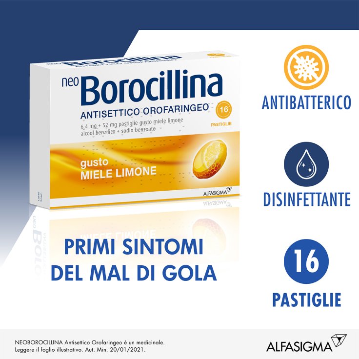 NeoBorocillina Antisettico Orofaringeo  Alfasigma 16 Pastiglie Miele Limone