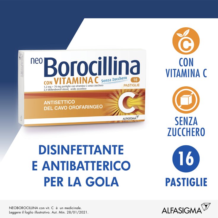NeoBorocillina Con Vitamina C Alfasigma 16 Pastiglie Arancia Senza Zucchero