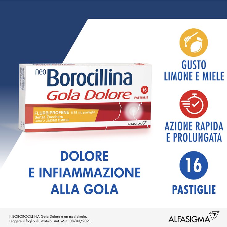 NeoBorocillina Gola Dolore Alfasigma 16 Pastiglie Limone Miele Senza Zucchero