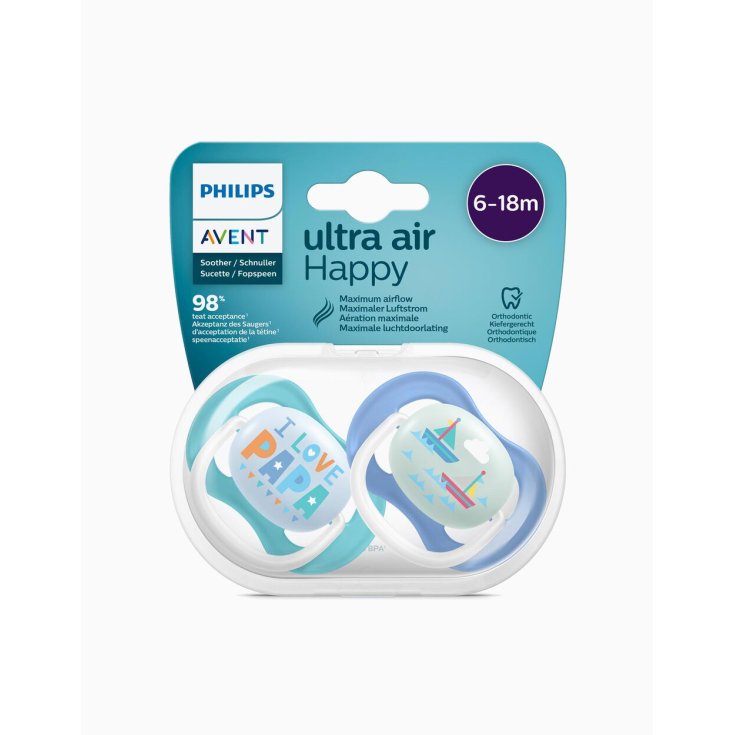 Ultra Air Happy Philips Avent 6-18M 2 Succhietti Fantasia Azzurro