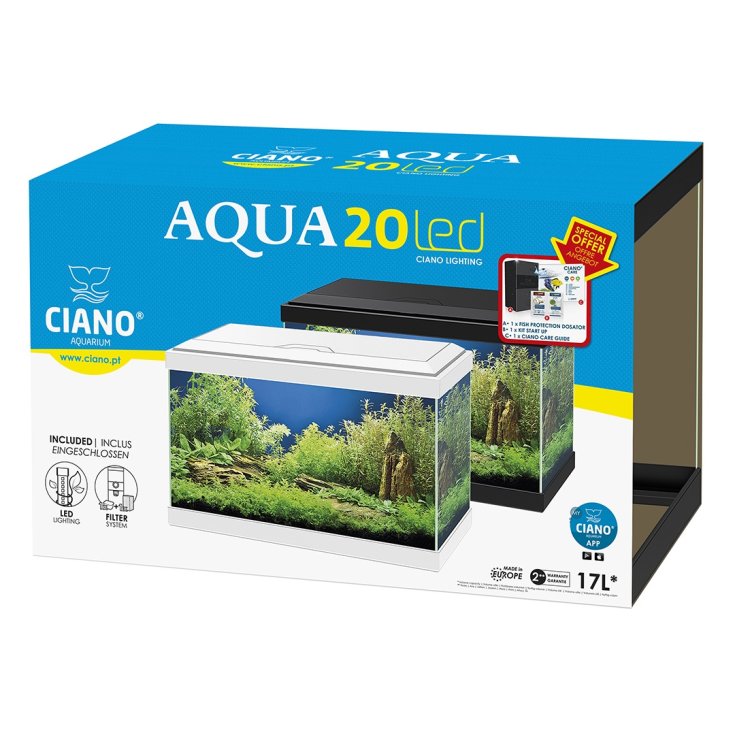 Aqua 20 Led Nero Acquario In Vetro Completo 40x20x31,3h cm