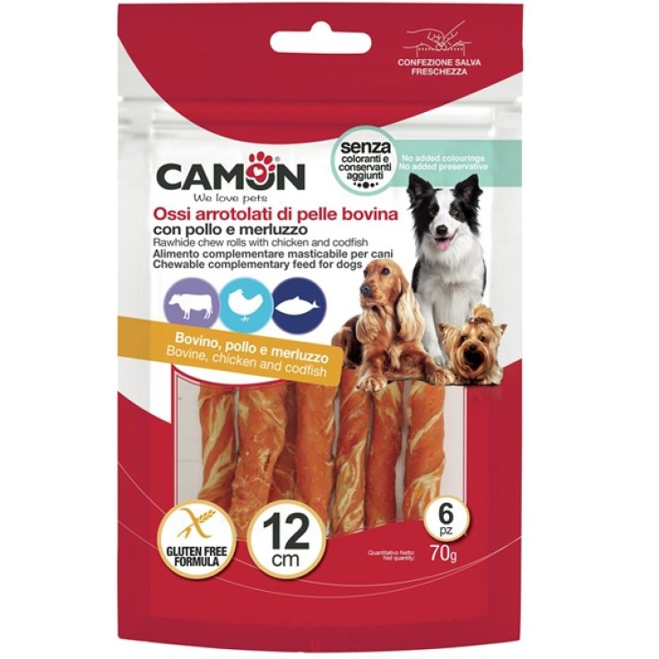 Camon - Rolls di Pelle Bovina con Pollo e Merluzzo 70 Gr - 6 pezzi - L 12 cm