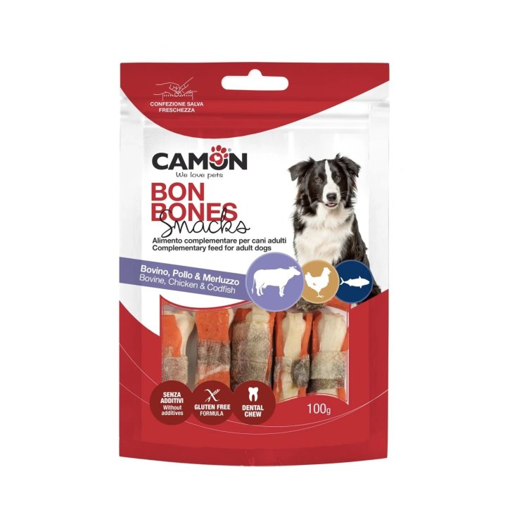 Ossicini di Pelle Bovina con Pollo e Merluzzo Camon 100g