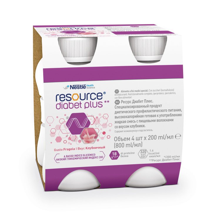 Nestlé Health Science Resource Diabet Plus Fragola Bevanda A Basso Indice Glicemico Con Fibra 100% Solubile 4 x200ml