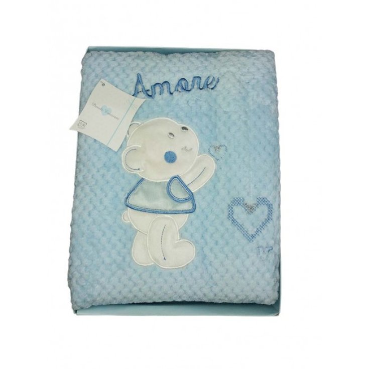 Copertina coperta culla carrozzina bimbo neonato ricamo orsetto amore T&R  celeste TU