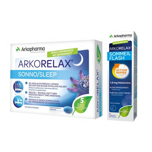 Image of ArkoRelax Sonno + Sonno Flash Arkopharma 30 Compresse + 20ml Pack Promo