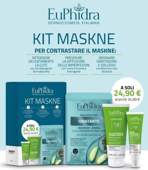 

COFANETTO MASKNE EUPHIDRA - SEBANORM AG CREMA + GEL DETERGENTE + MASCHERA IDRATANTE