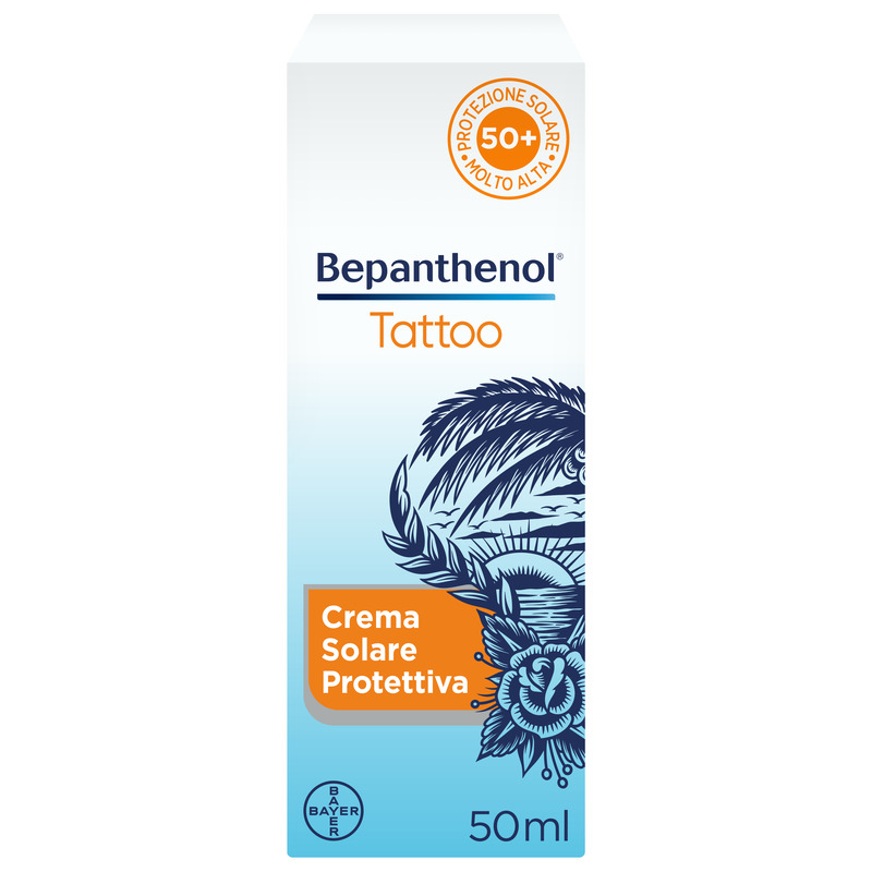 Image of Bepanthenol Tattoo Crema Protezione Solare Molto Alta SPF50+ 50ml x Tatuaggi033