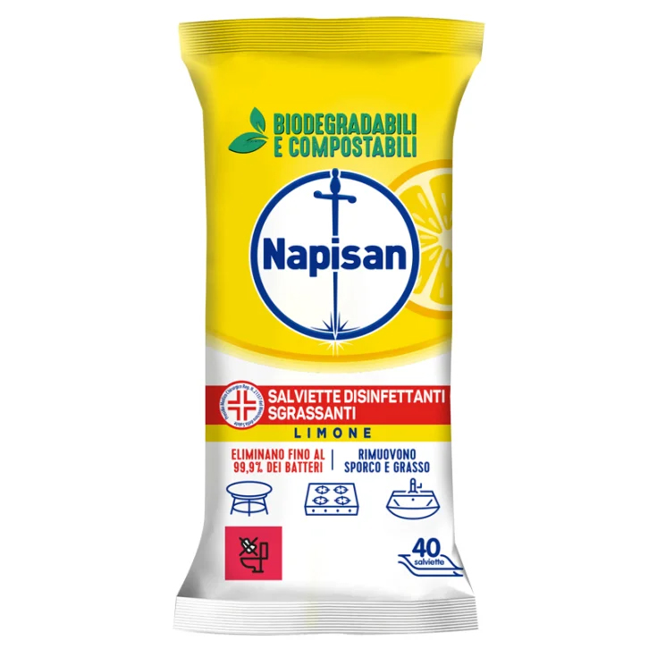 Image of Napisan Salviette Disinfettanti Sgrassanti al Limone Biodegradabili 40 Pezzi
