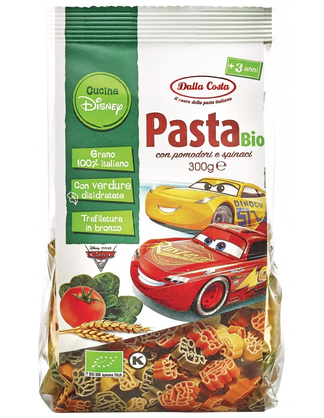 Image of Pasta Pomodoro E Spinaci Cars Disney Dalla Costa 300g