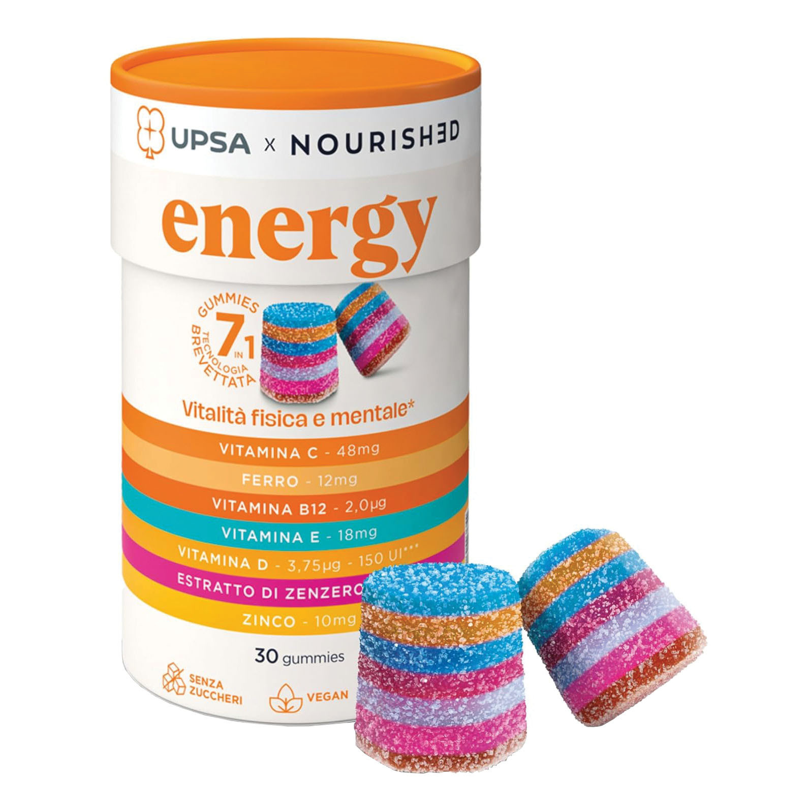Upsa Energy Integratore Gommoso Senza Zucchero con Vitamine, 30 Unità
