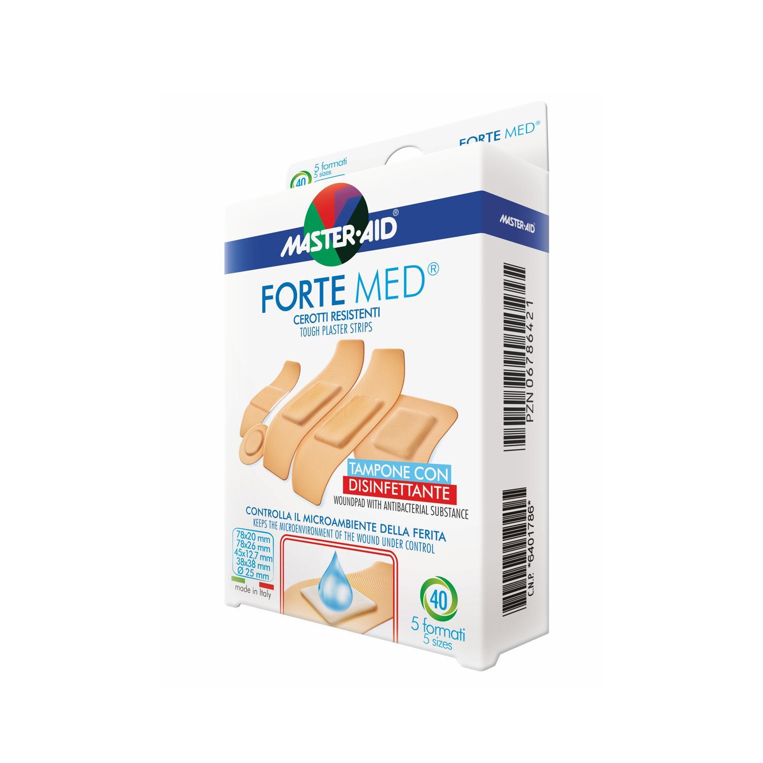 

Master-Aid® Forte Med® Cerotti Resistenti Tampone Con Disinfettante Formato Medio 78x20mm 20 Strip