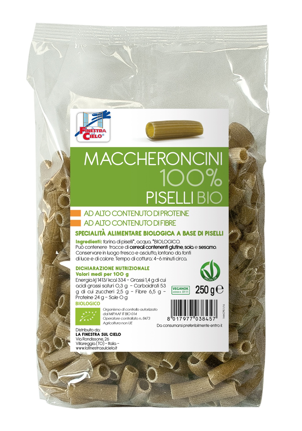 

La Finestra Sul Cielo Maccheroncini 100% Piselli Biologico 250g