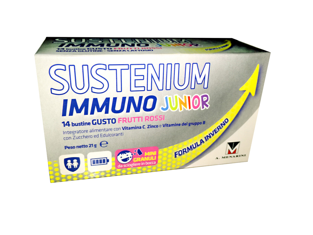Image of Menarini Sustenium Immuno Junior Integratore Alimentare 14 Bustine Gusto Frutti Rossi Promo 971103041