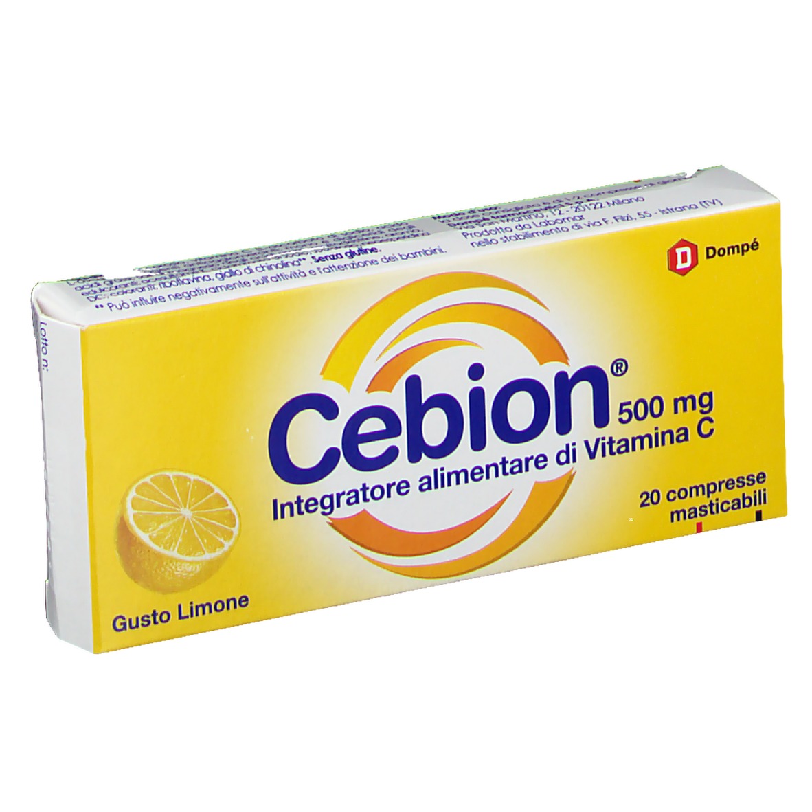Image of Dompé Cebion 500mg Vitamina C Integratore Alimentare Senza Glutine 20 Compresse Masticabili Gusto Limone
