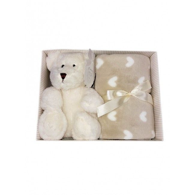 Image of Set 2pz confezione regalo copertina coperta culla carrozzina cuori con peluche bimbo bimba neonato T&R panna beige stelle TU