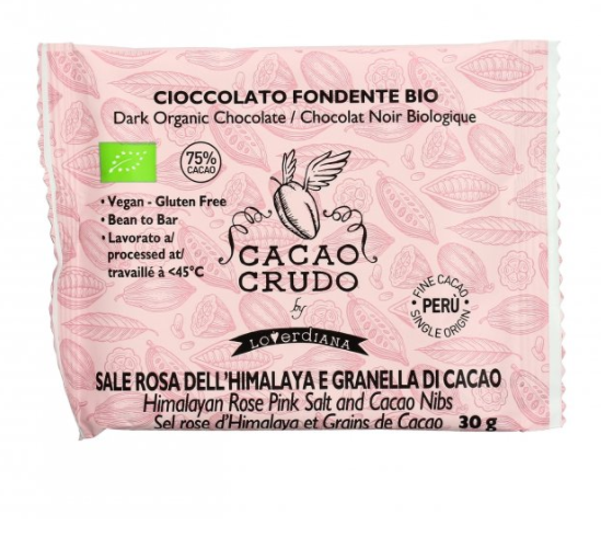 Image of Cioccolato Fondente al Sale Rosa e Granella Cacao Cacao Crudo by Loverdiana 30g