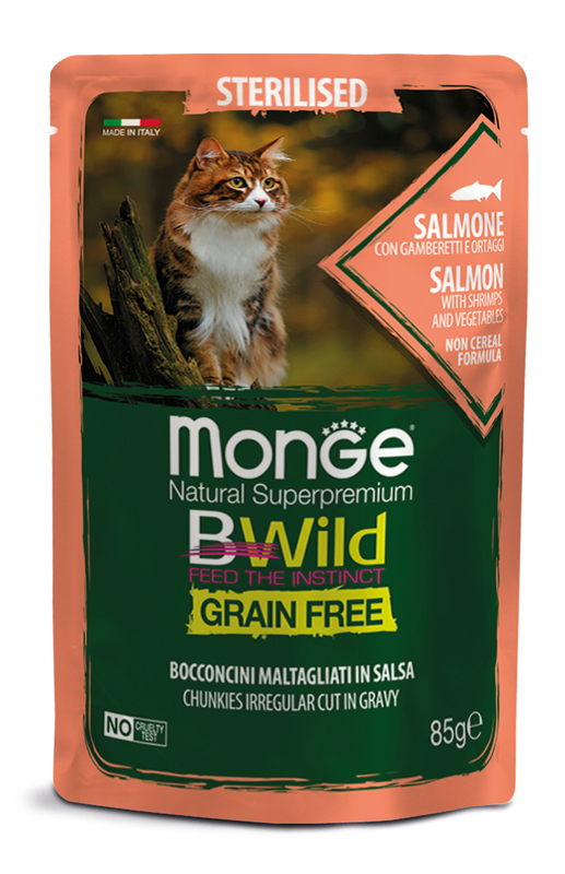 Image of BWild Grain Free Bocconcini maltagliati in salsa Salmone con Gamberetti e Ortaggi - Sterilised - 85GR033