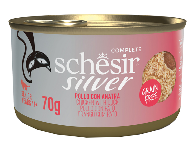 Image of argento Senior Cat Pollo con Anatra Filetti e Mousse Doppia Texture in Brodo - 70GR033