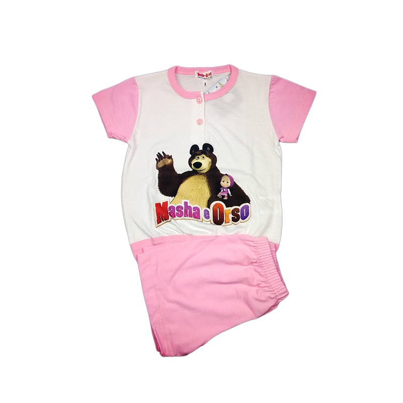 Image of Pigiama completo maglia maglietta pantaloncino bimba bambina Masha e Orso rosa 3A
