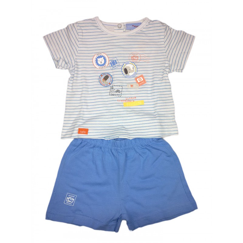 Image of Completo 2pz maglia pantaloncino bimbo neonato mezza manica Yatsi bianco cielo 6 m033