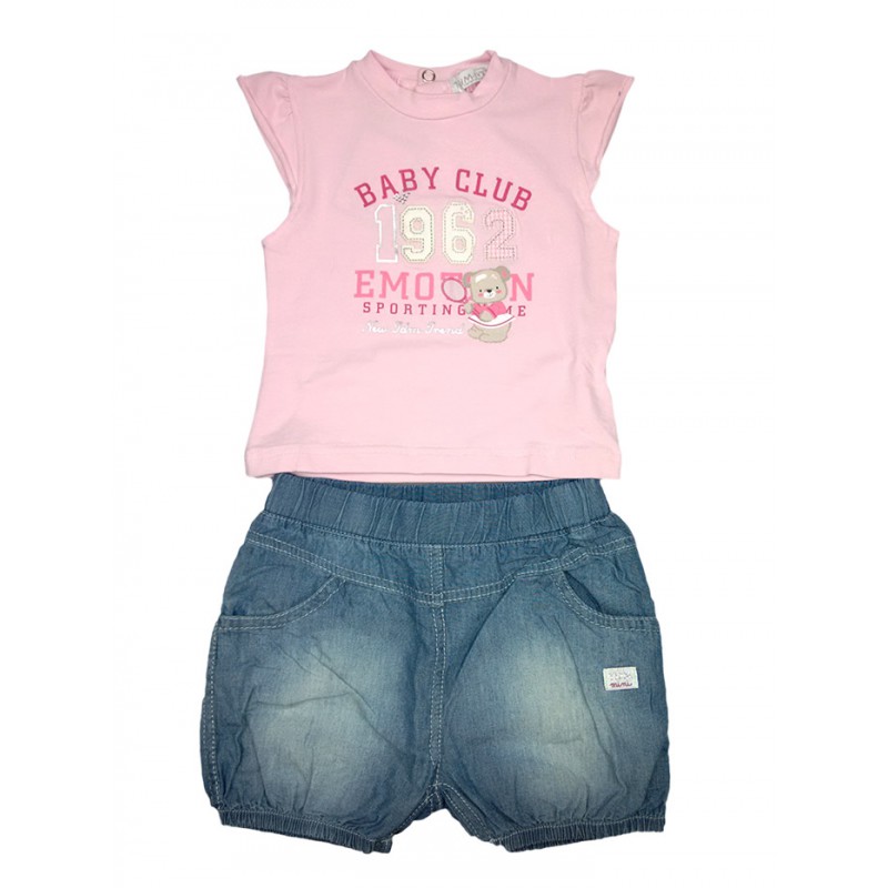 Completo 2pz maglia canotta volant pantaloncino bimba neonato senza manica TdM mini rosa jeans 6 - 9 m