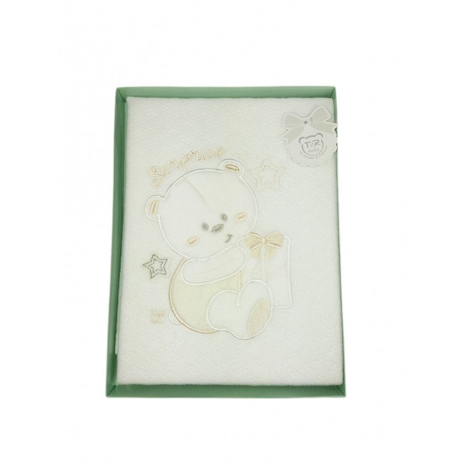 Image of Copertina coperta culla carrozzina bimba bimbo neonato ricamo orsetto T&R panna TU