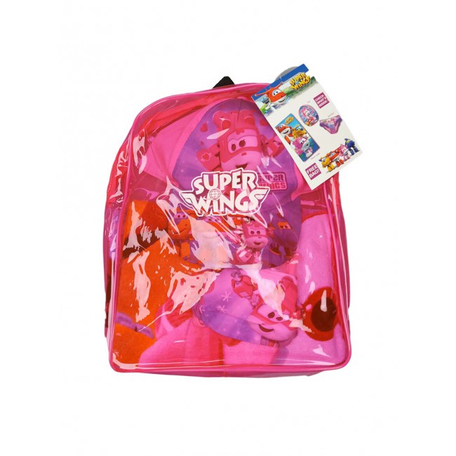 Image of Set mare zaino telo cappello costumino slip costume da bagno bimba bambina Super Wings rosa 4A