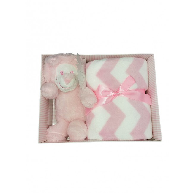 Image of Set 2pz confezione regalo copertina coperta culla carrozzina righe con peluche bimba neonato T&R rosa TU