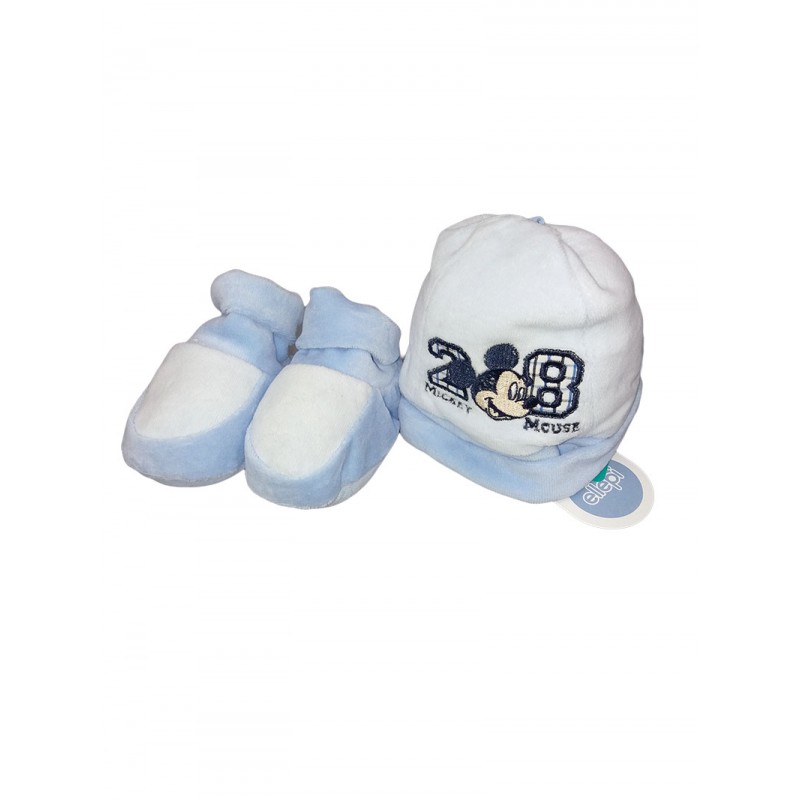 Image of Set 2pz cappello cappellino scarpine ciniglia bimbo neonato Disney Baby Mickey cielo TU033